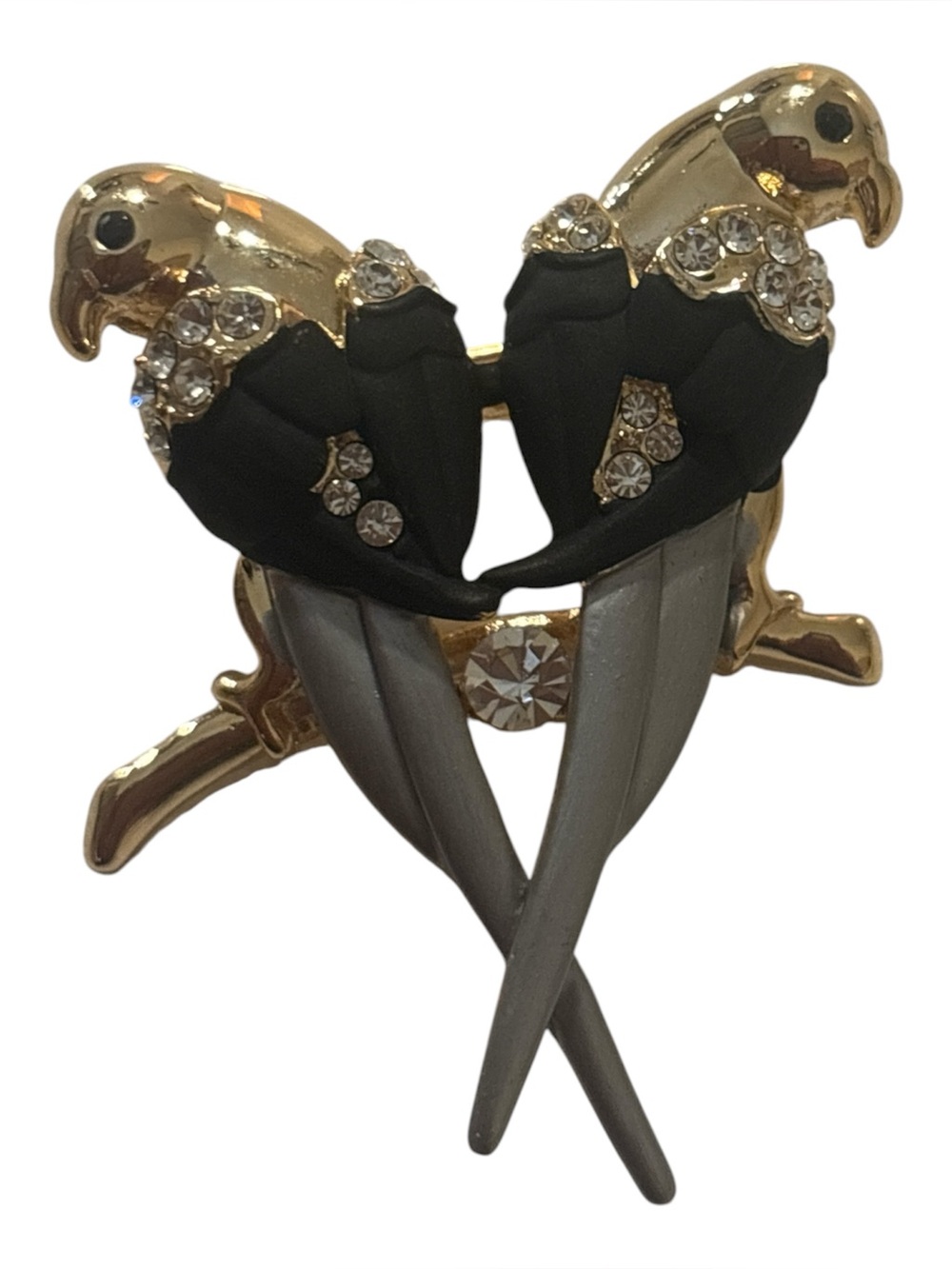 Vintage twin parrots enamel Crystals brooch gold tone